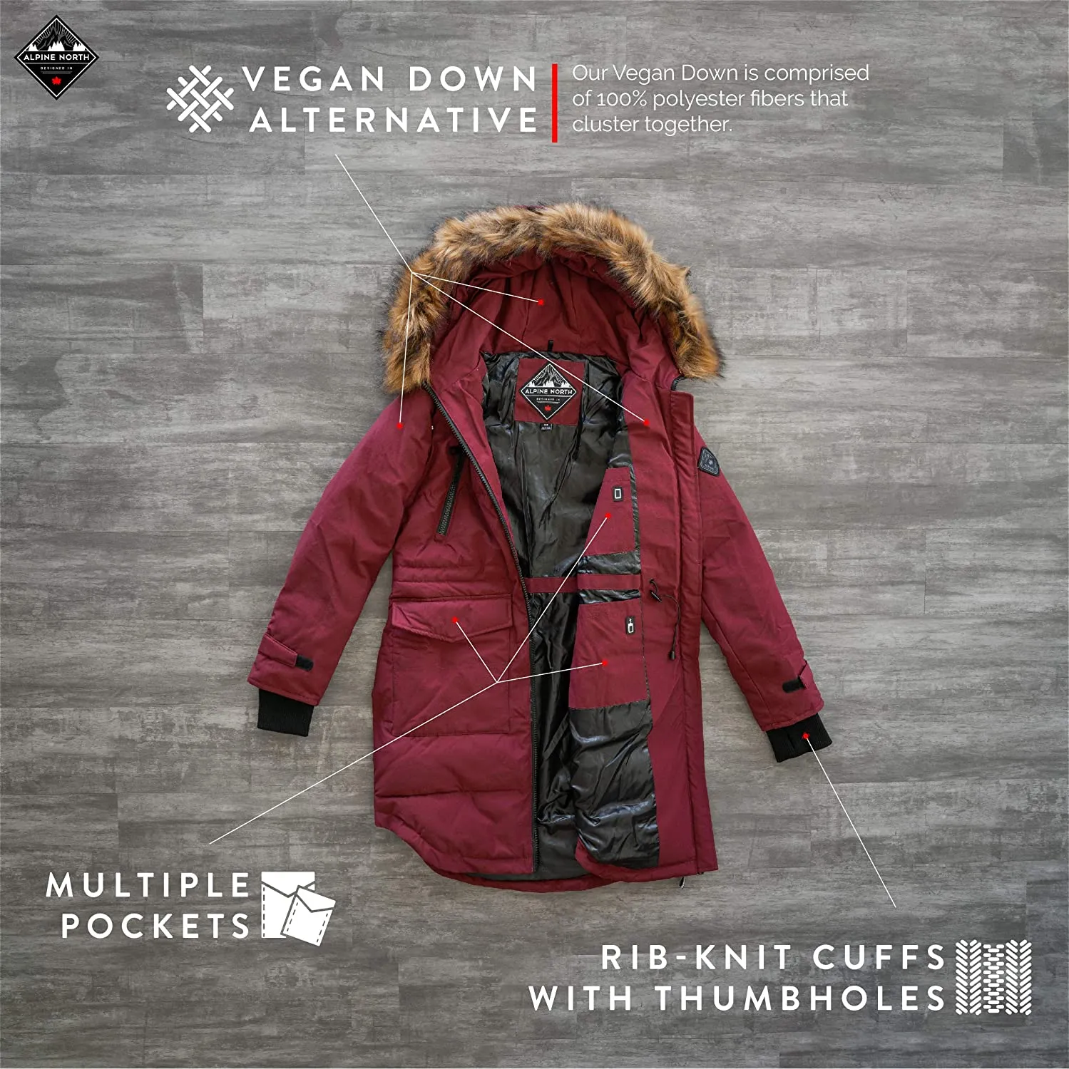 Alpine North Womens Vegan Down Drawstring Winter Parka