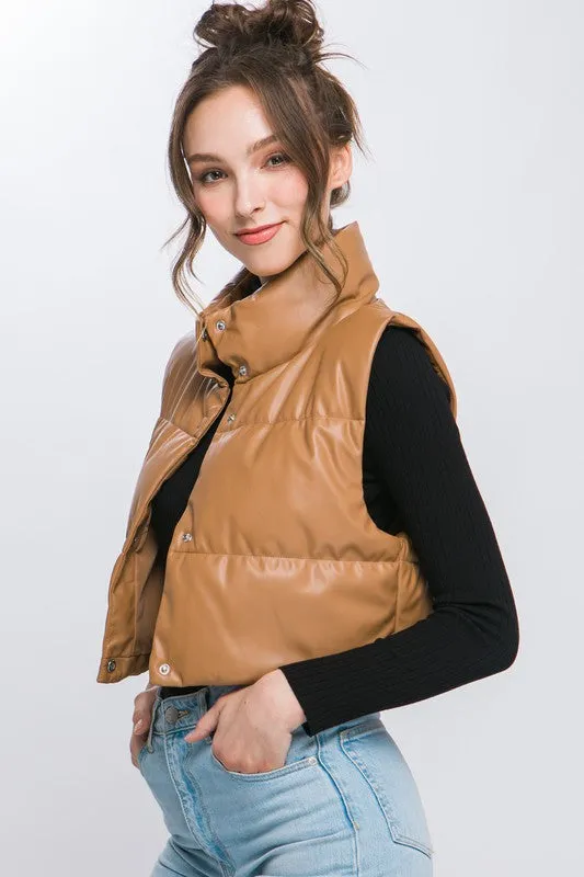 Camel Faux Leather Sleeveless Puffer Crop Jacket