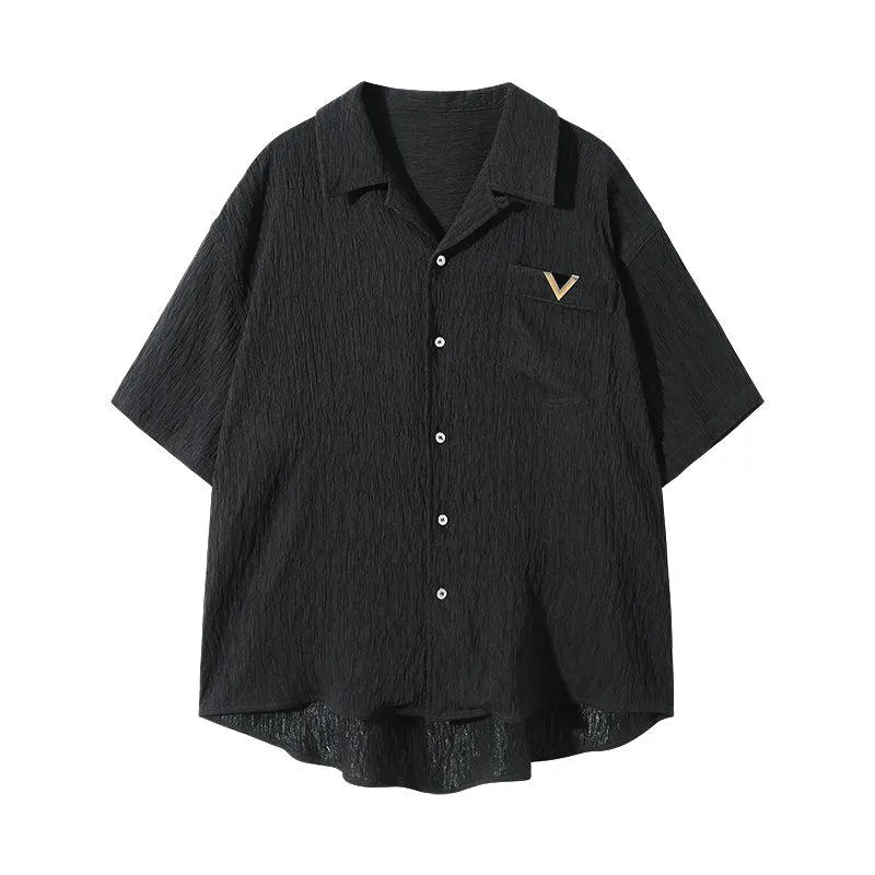 Chuan Wood Texture Buttoned Shirt & Shorts Set