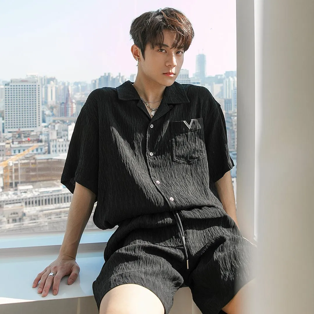 Chuan Wood Texture Buttoned Shirt & Shorts Set