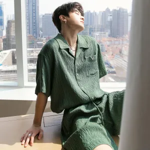 Chuan Wood Texture Buttoned Shirt & Shorts Set