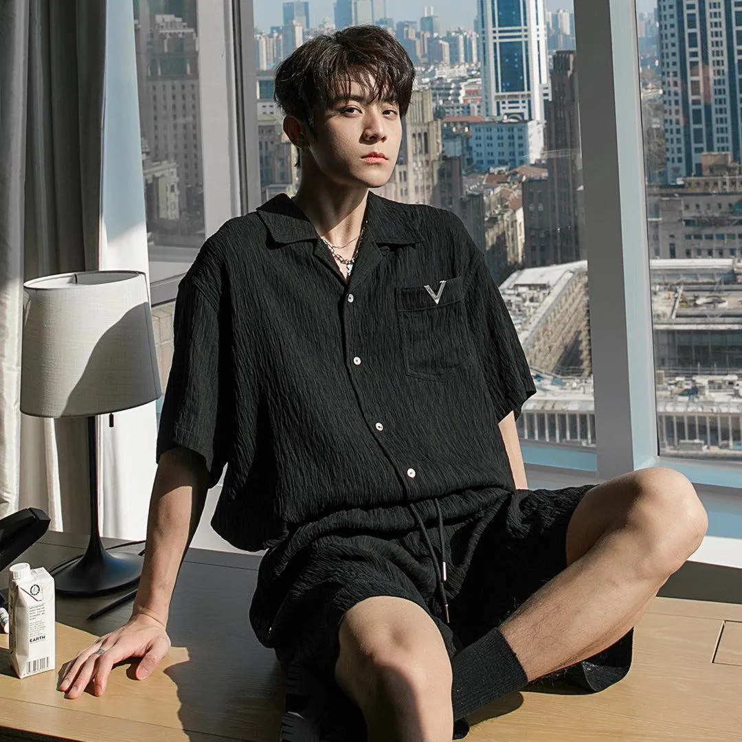 Chuan Wood Texture Buttoned Shirt & Shorts Set