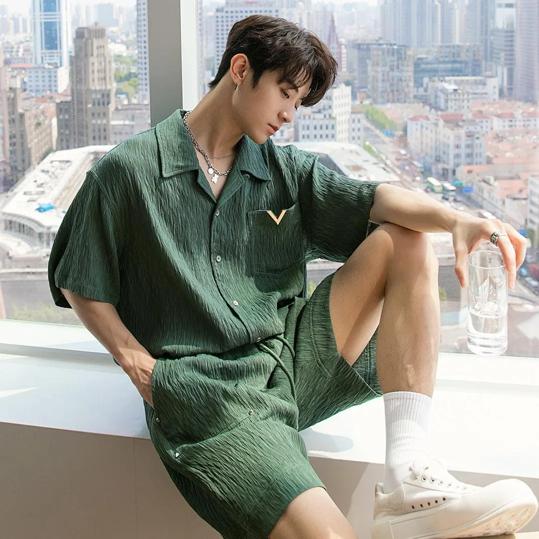 Chuan Wood Texture Buttoned Shirt & Shorts Set
