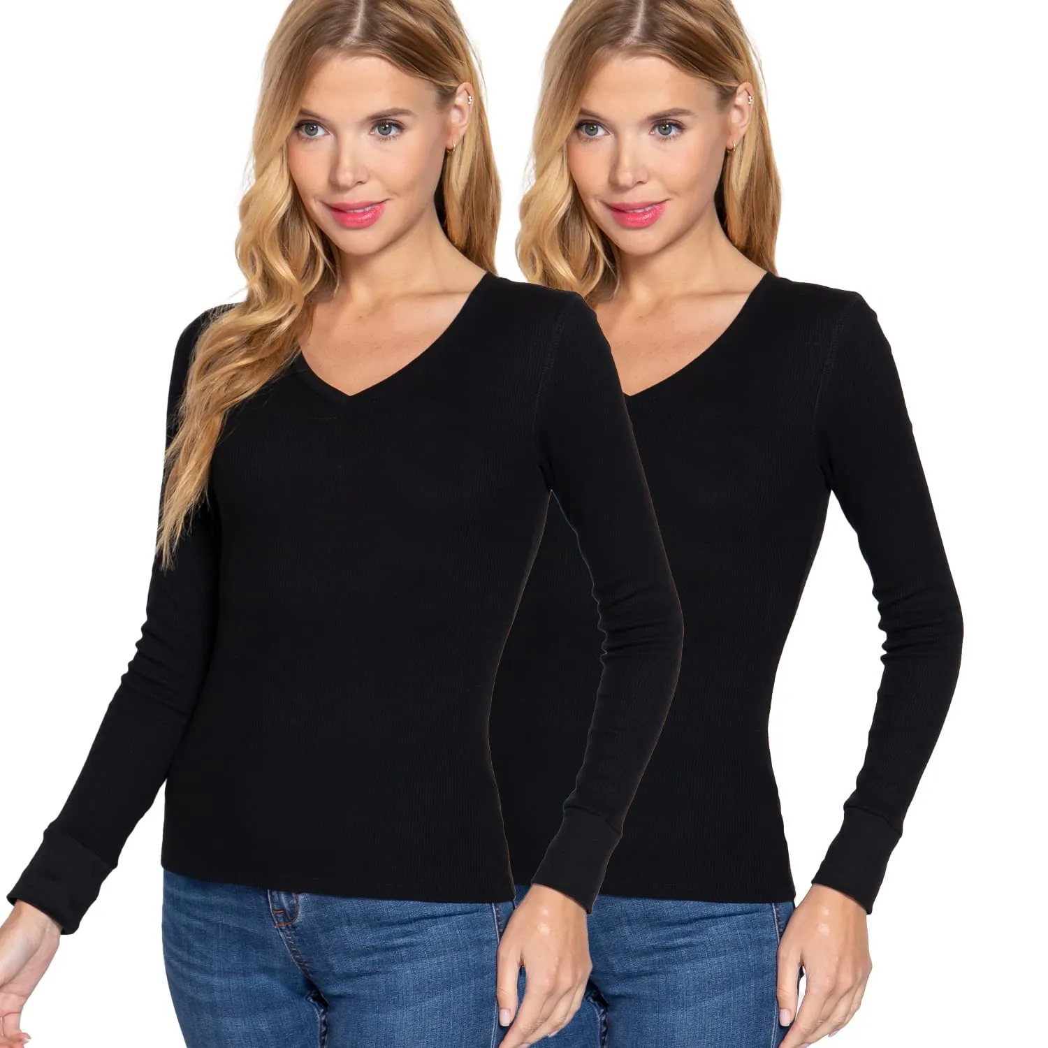 Cotton Blend Thermal V Neck Knit Top for women long sleeves