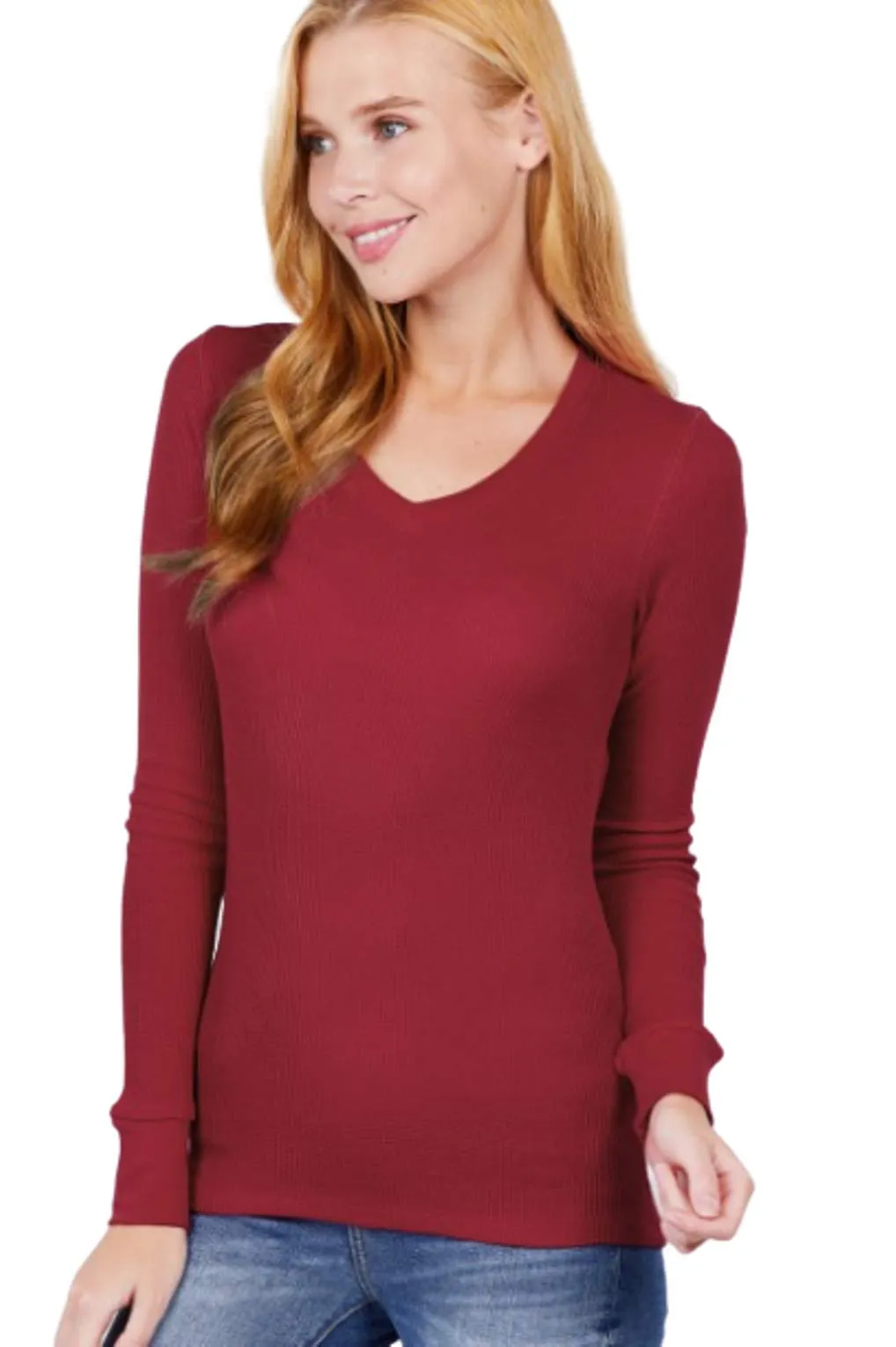 Cotton Blend Thermal V Neck Knit Top for women long sleeves
