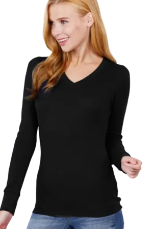 Cotton Blend Thermal V Neck Knit Top for women long sleeves