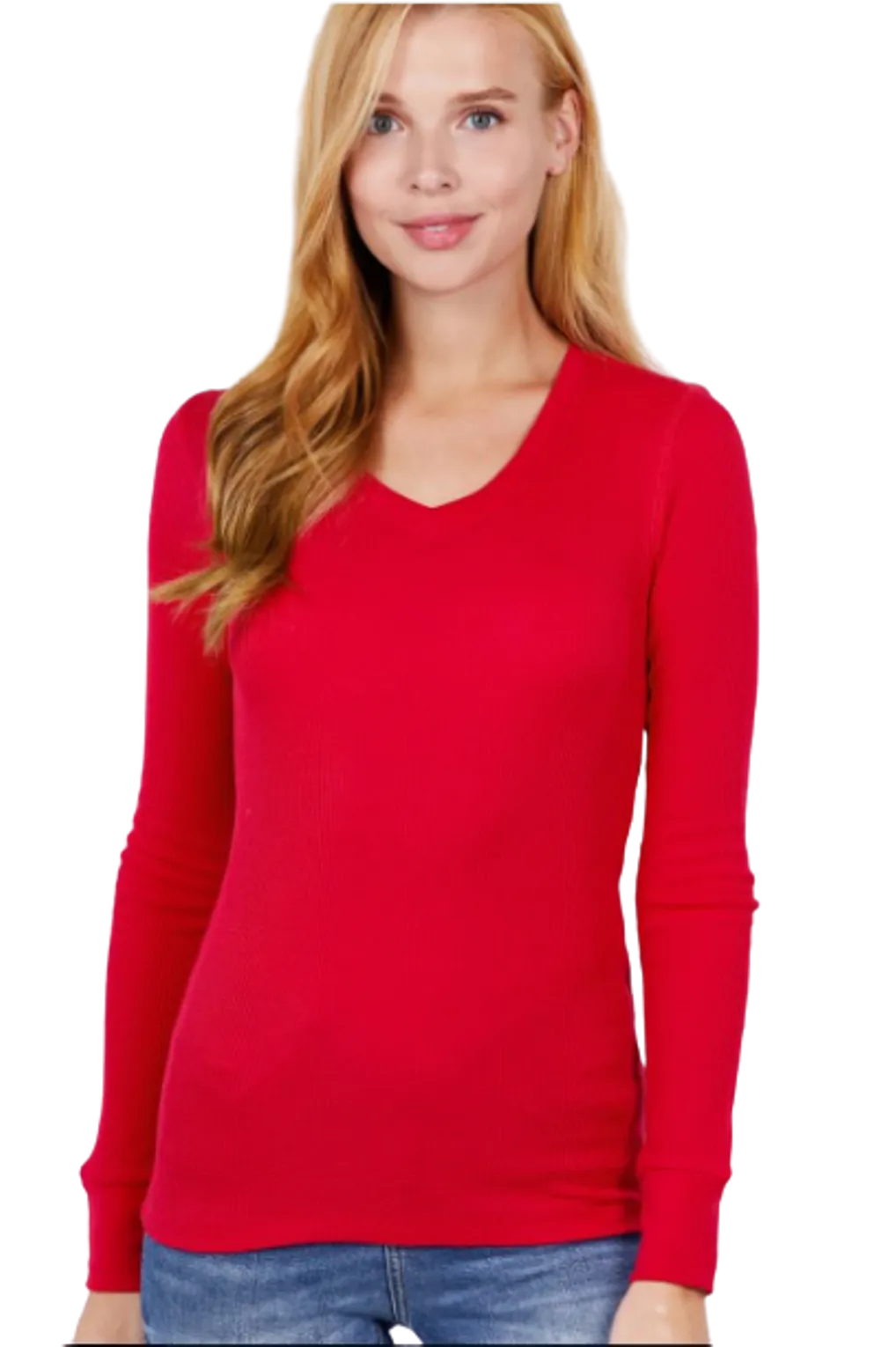 Cotton Blend Thermal V Neck Knit Top for women long sleeves