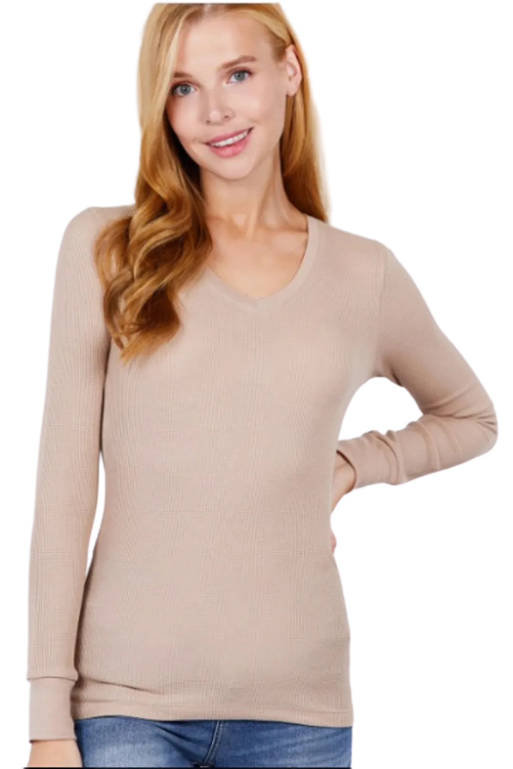 Cotton Blend Thermal V Neck Knit Top for women long sleeves