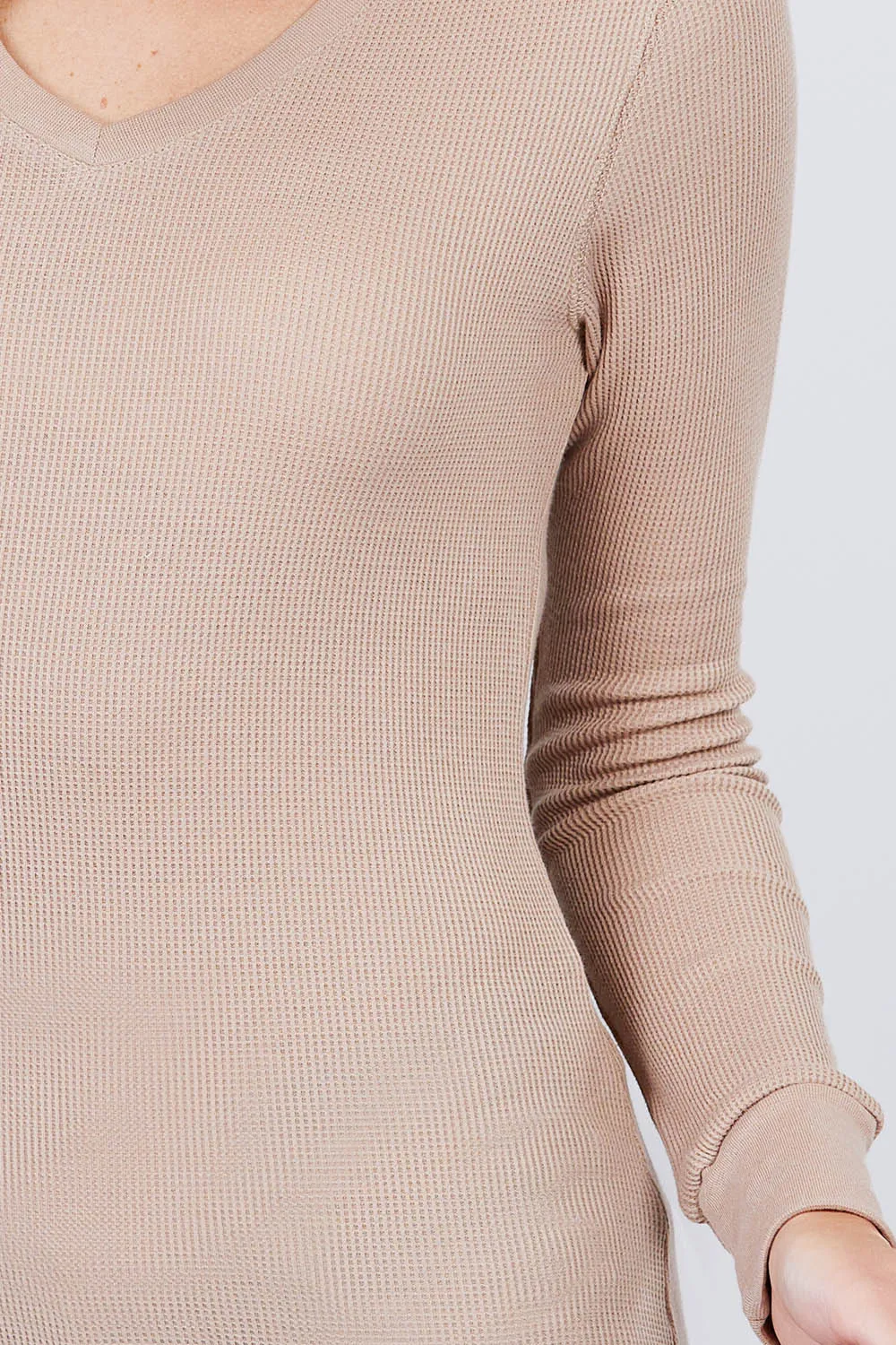 Cotton Blend Thermal V Neck Knit Top for women long sleeves