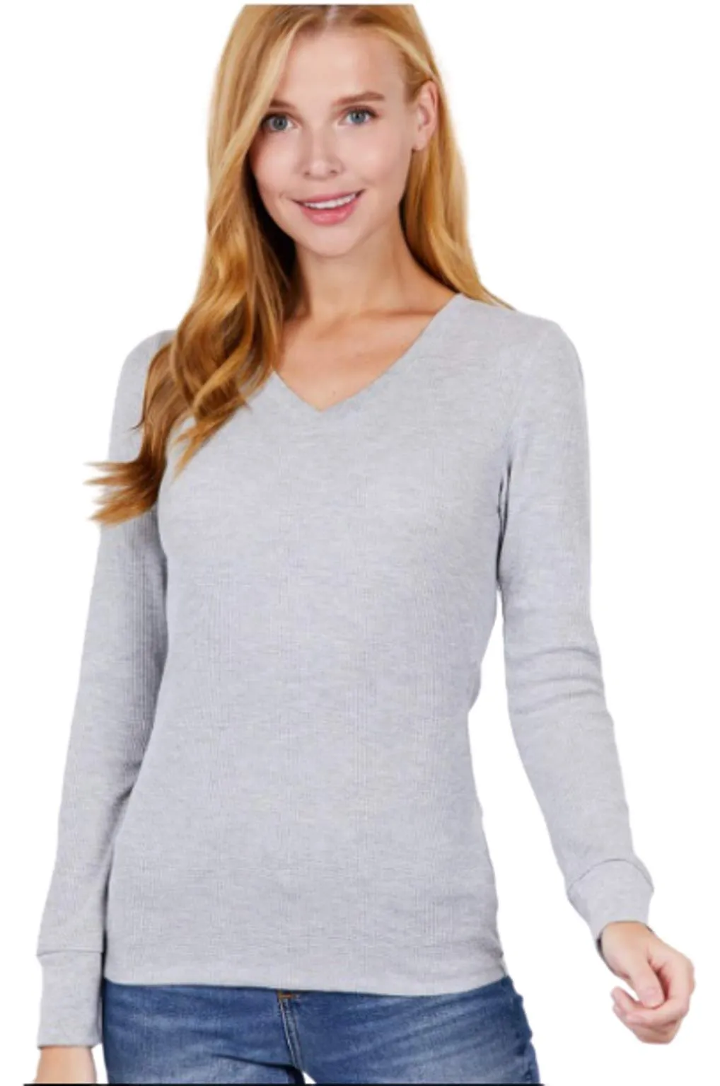 Cotton Blend Thermal V Neck Knit Top for women long sleeves