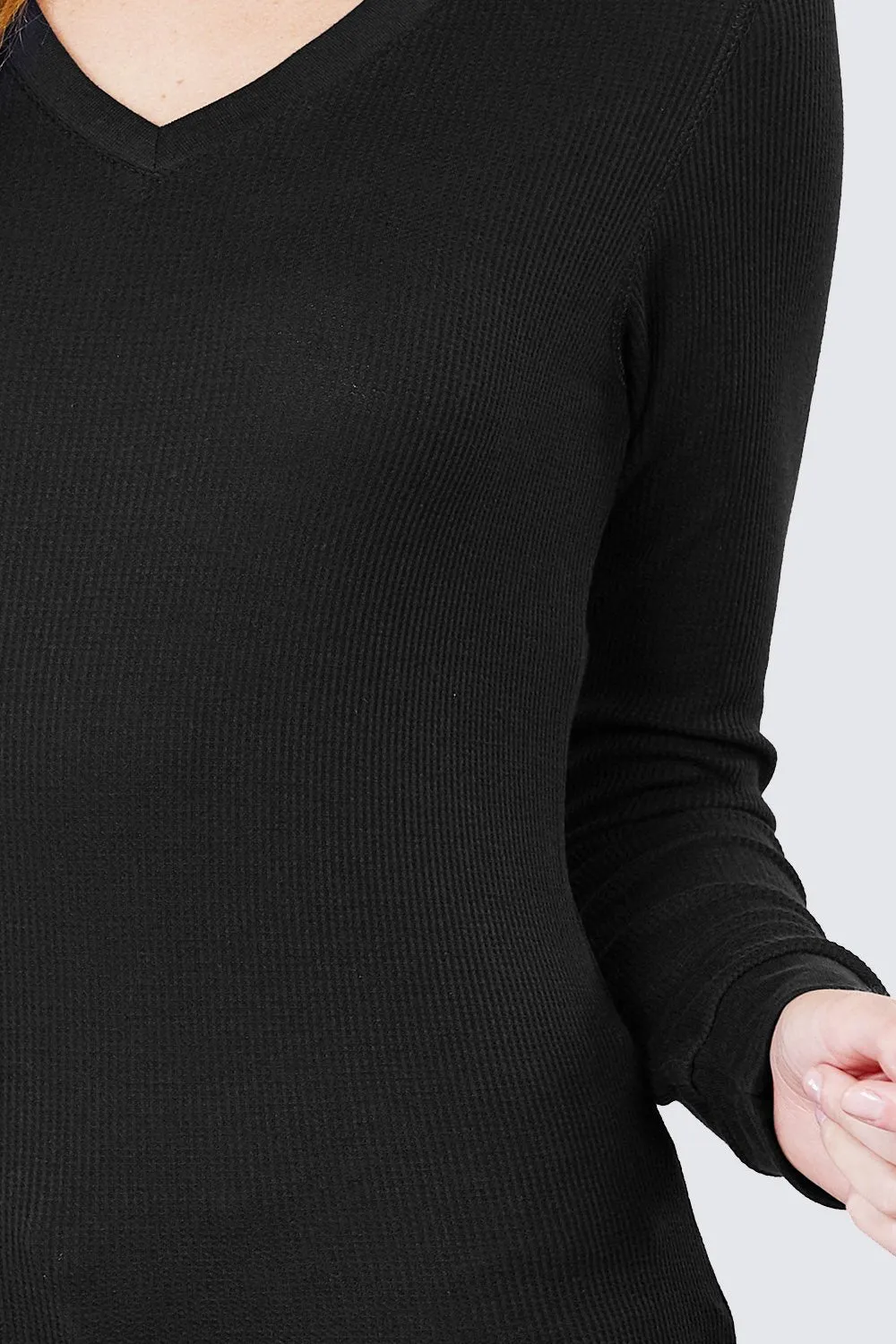 Cotton Blend Thermal V Neck Knit Top for women long sleeves