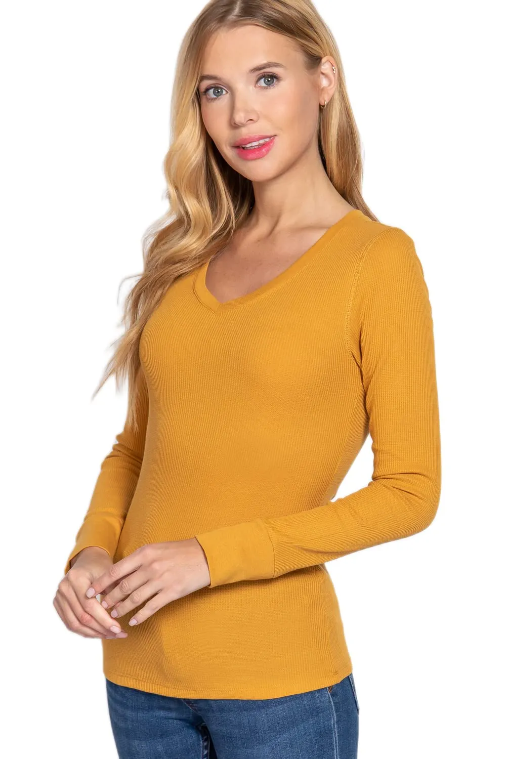 Cotton Blend Thermal V Neck Knit Top for women long sleeves