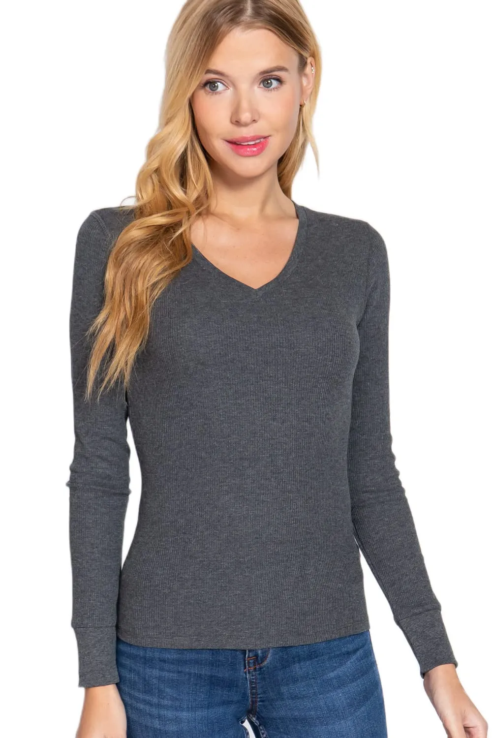 Cotton Blend Thermal V Neck Knit Top for women long sleeves