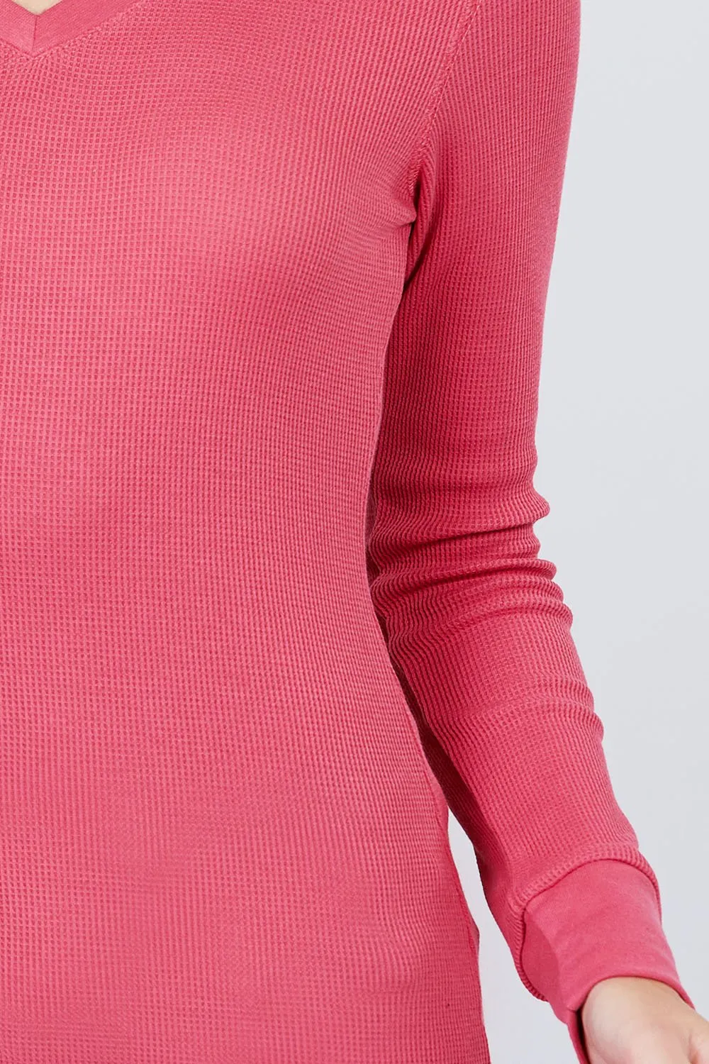 Cotton Blend Thermal V Neck Knit Top for women long sleeves