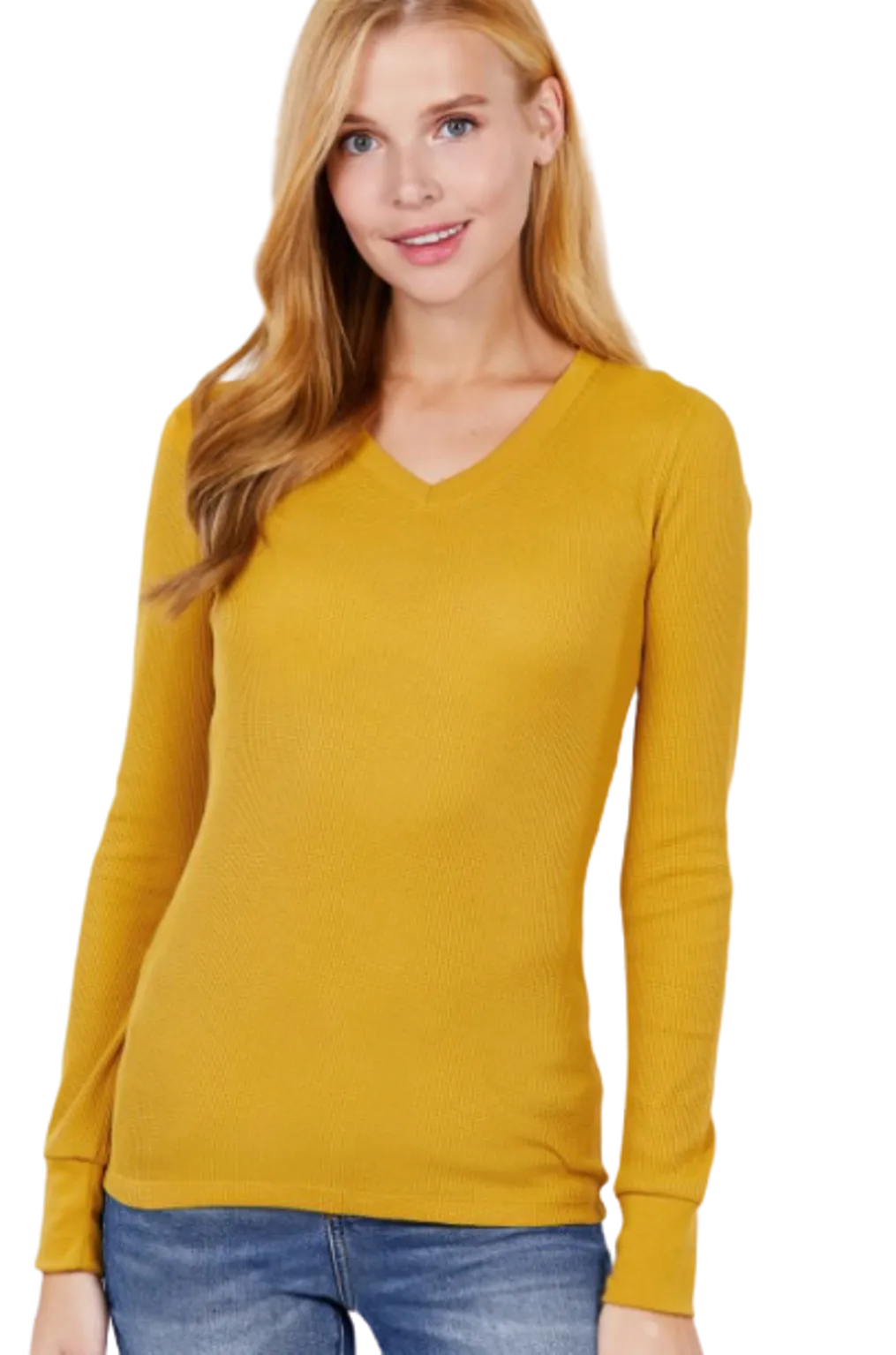Cotton Blend Thermal V Neck Knit Top for women long sleeves