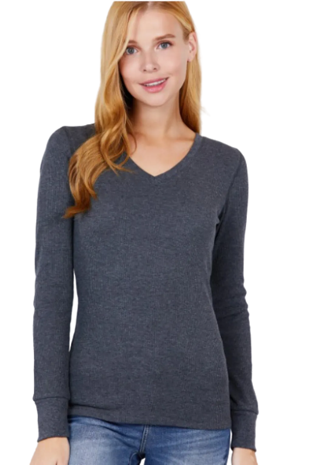Cotton Blend Thermal V Neck Knit Top for women long sleeves