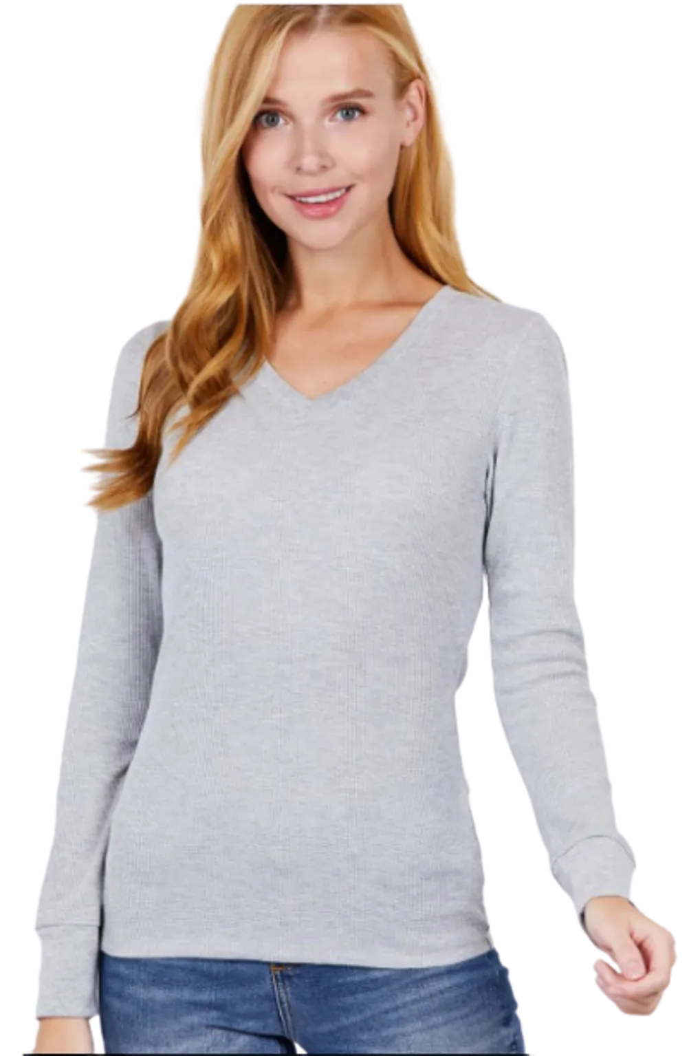 Cotton Blend Thermal V Neck Knit Top for women long sleeves