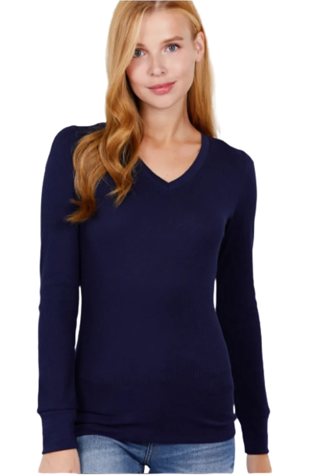 Cotton Blend Thermal V Neck Knit Top for women long sleeves