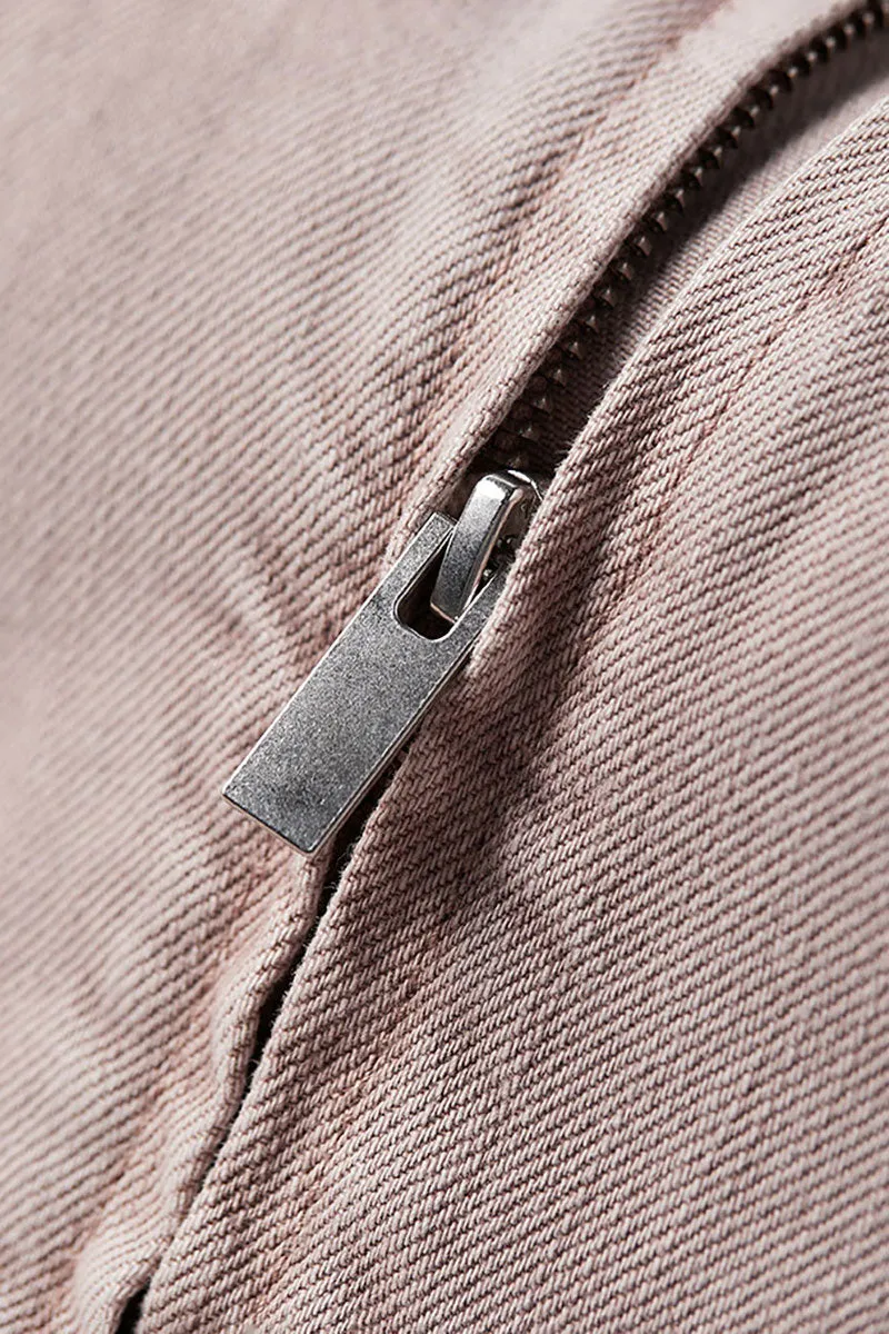 Cropped Zip-Up Denim Moto Jacket in Light Pink