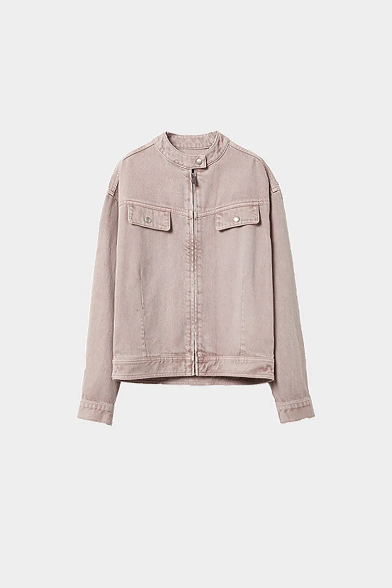Cropped Zip-Up Denim Moto Jacket in Light Pink