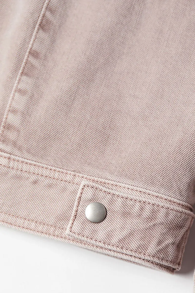 Cropped Zip-Up Denim Moto Jacket in Light Pink