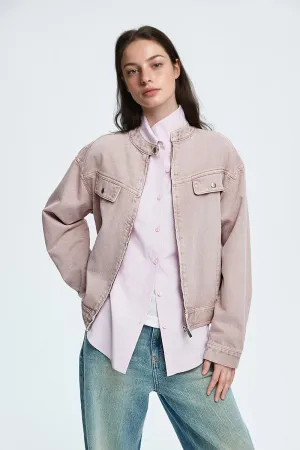Cropped Zip-Up Denim Moto Jacket in Light Pink
