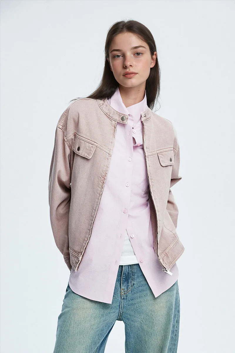 Cropped Zip-Up Denim Moto Jacket in Light Pink