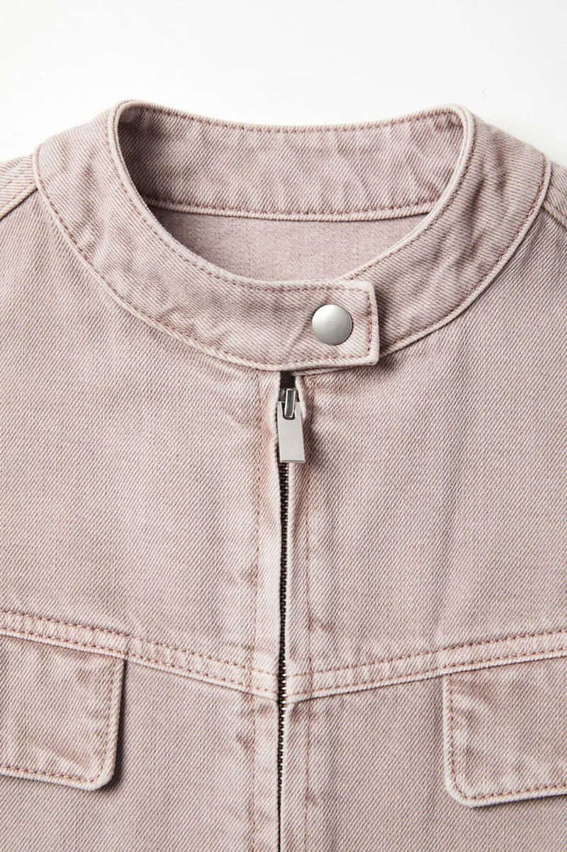 Cropped Zip-Up Denim Moto Jacket in Light Pink