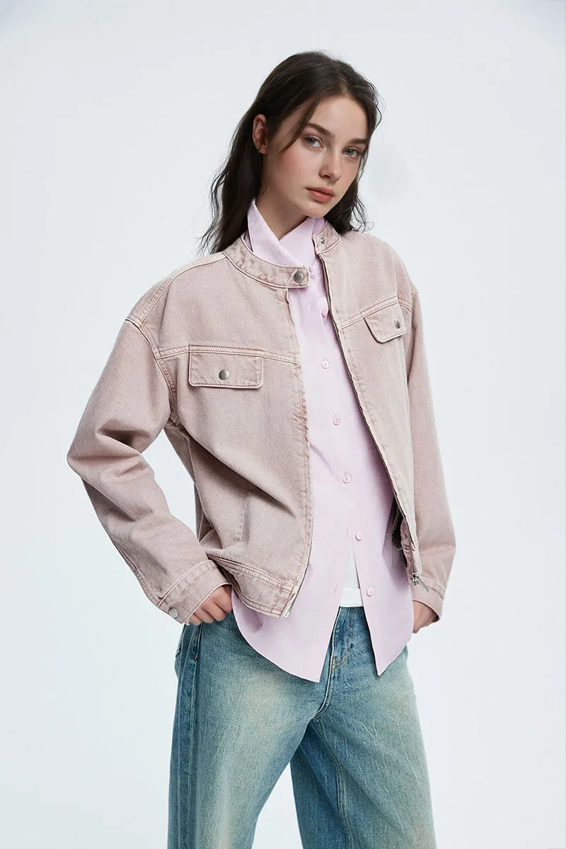 Cropped Zip-Up Denim Moto Jacket in Light Pink