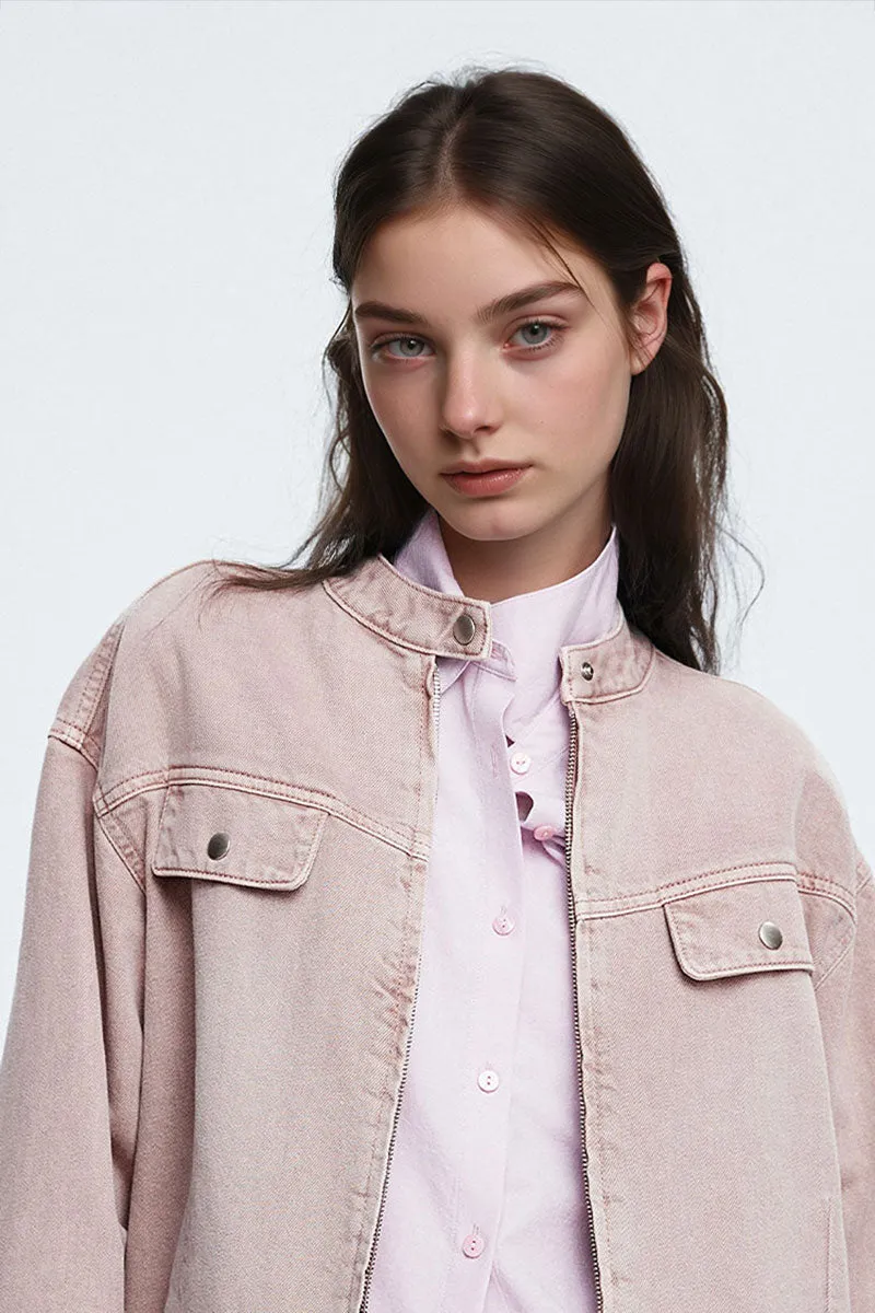 Cropped Zip-Up Denim Moto Jacket in Light Pink