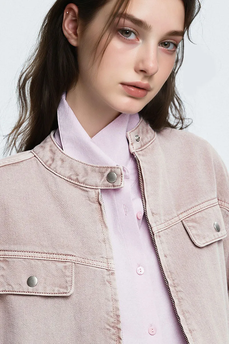 Cropped Zip-Up Denim Moto Jacket in Light Pink
