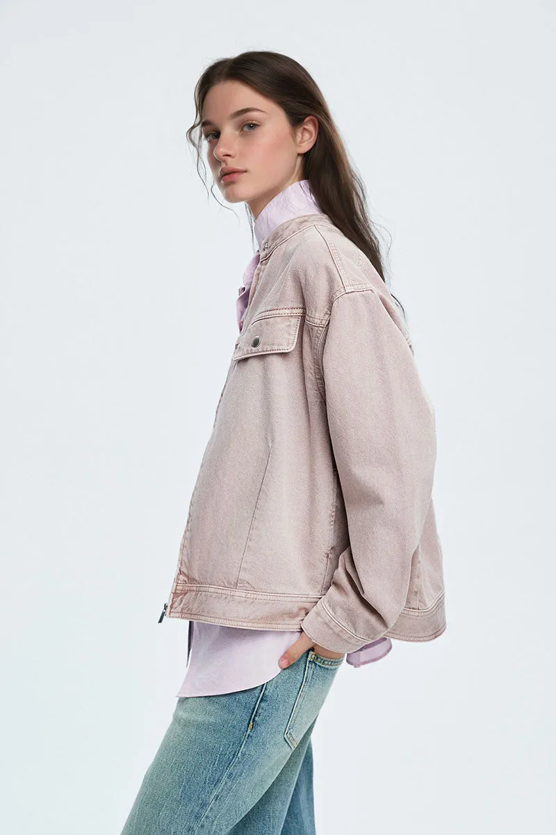 Cropped Zip-Up Denim Moto Jacket in Light Pink