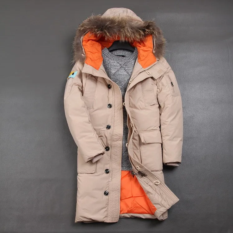 DETACHABLE CAP FAUX FUR COLLAR SET OF ROPE BUCKLE STYLISH LONG DOWN JACKET