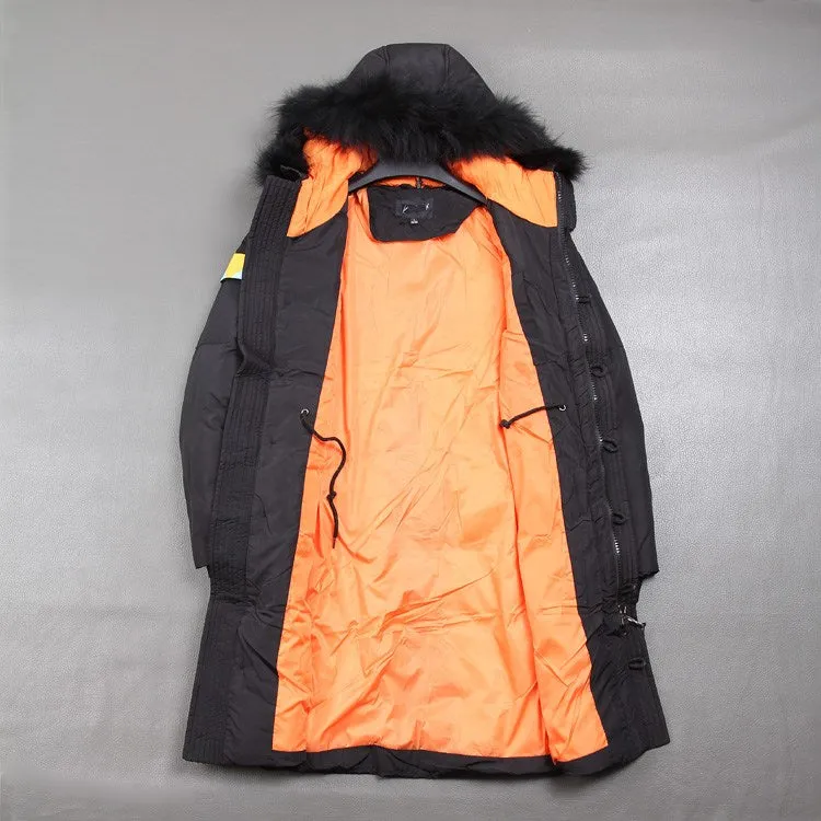 DETACHABLE CAP FAUX FUR COLLAR SET OF ROPE BUCKLE STYLISH LONG DOWN JACKET