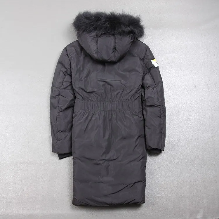 DETACHABLE CAP FAUX FUR COLLAR SET OF ROPE BUCKLE STYLISH LONG DOWN JACKET