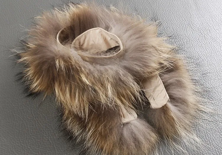 DETACHABLE CAP FAUX FUR COLLAR SET OF ROPE BUCKLE STYLISH LONG DOWN JACKET