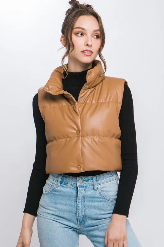Fucshia Pink Faux Leather Sleeveless Puffer Crop Jacket