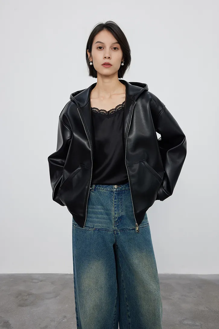 Hooded Faux Leather Jacket