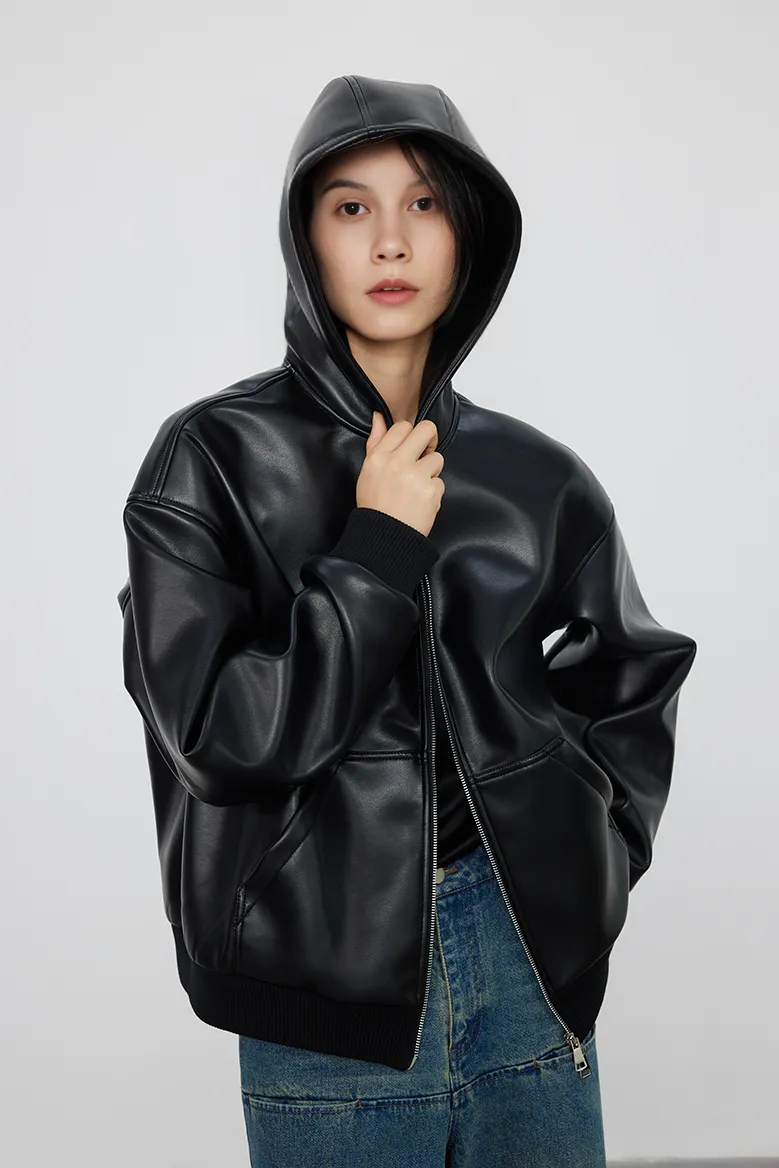 Hooded Faux Leather Jacket