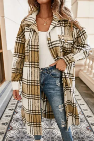 Little Daisy Closet Khaki Colorblock Plaid Print Button Up Midi Shacket
