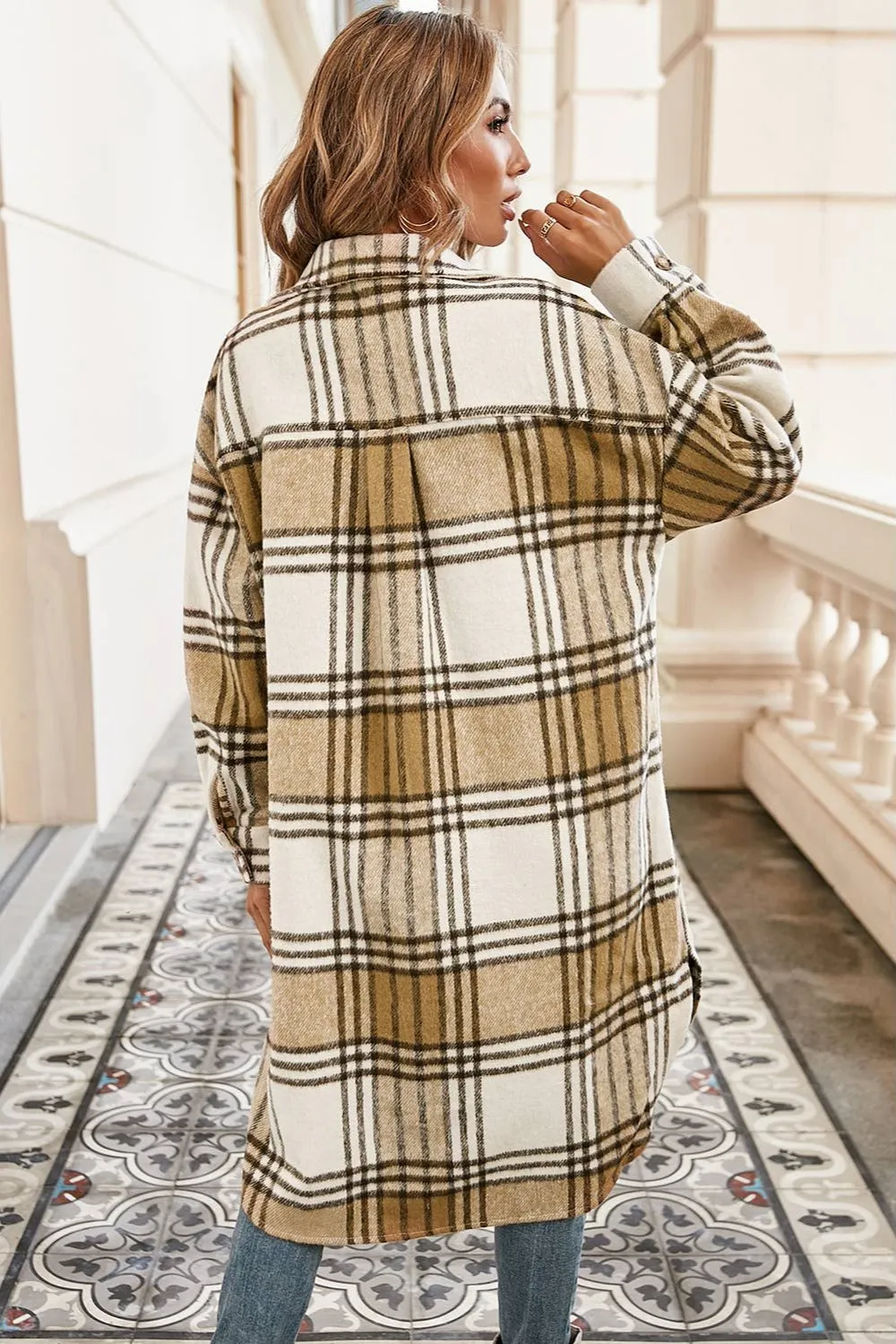 Little Daisy Closet Khaki Colorblock Plaid Print Button Up Midi Shacket