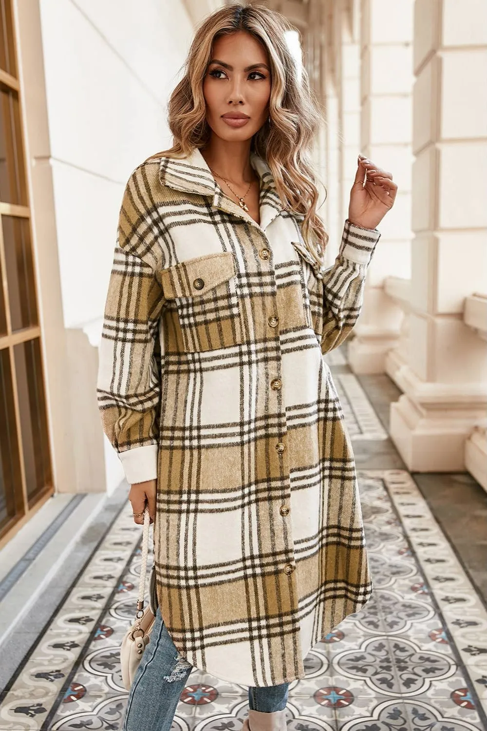 Little Daisy Closet Khaki Colorblock Plaid Print Button Up Midi Shacket