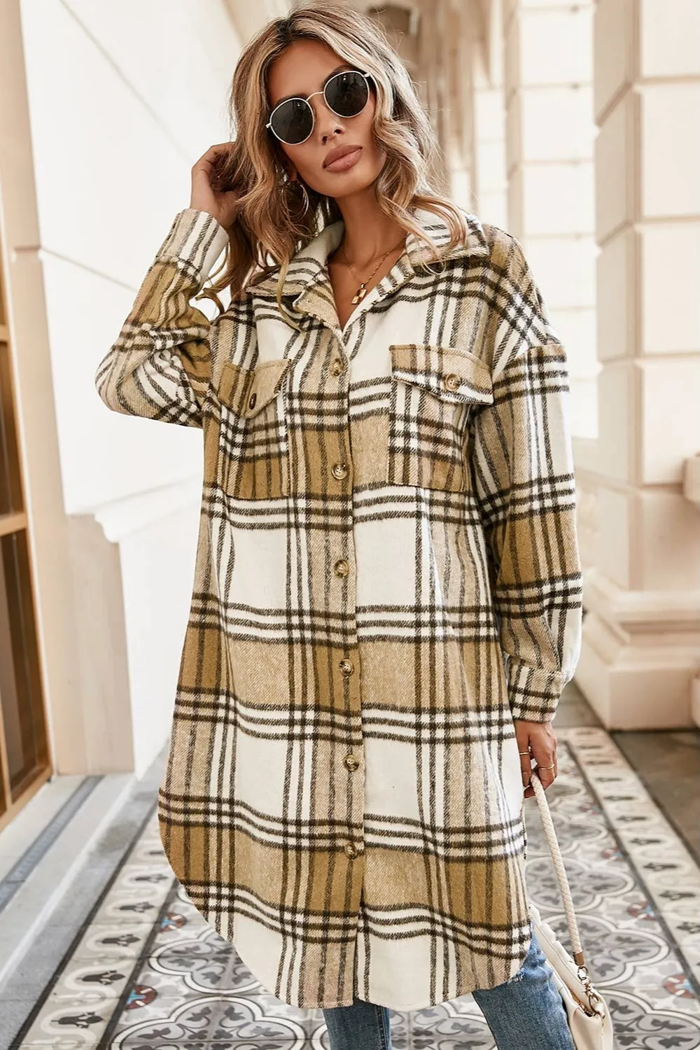 Little Daisy Closet Khaki Colorblock Plaid Print Button Up Midi Shacket