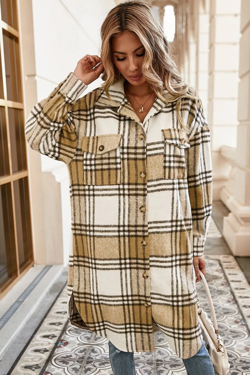 Little Daisy Closet Khaki Colorblock Plaid Print Button Up Midi Shacket