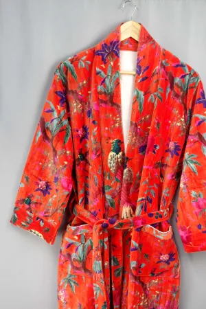 Luxury Orange Tropical Bird Print Velvet Kimono Boho Robe With Lining