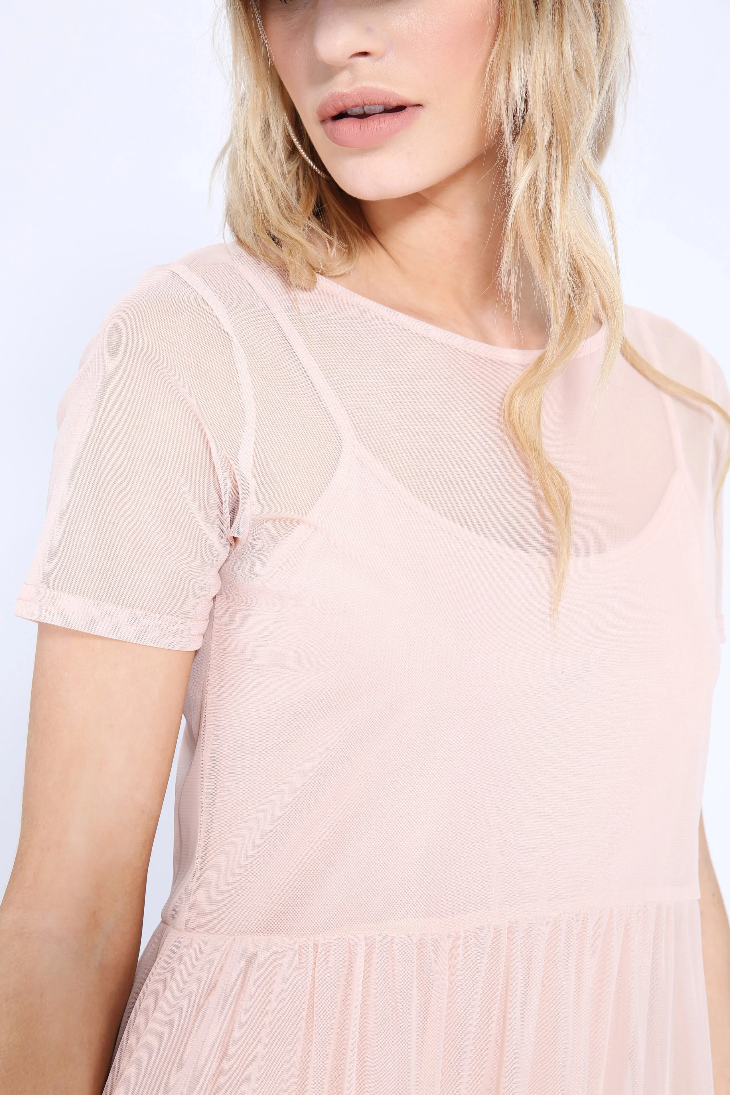 Nude Mesh Skater Dress With Slip