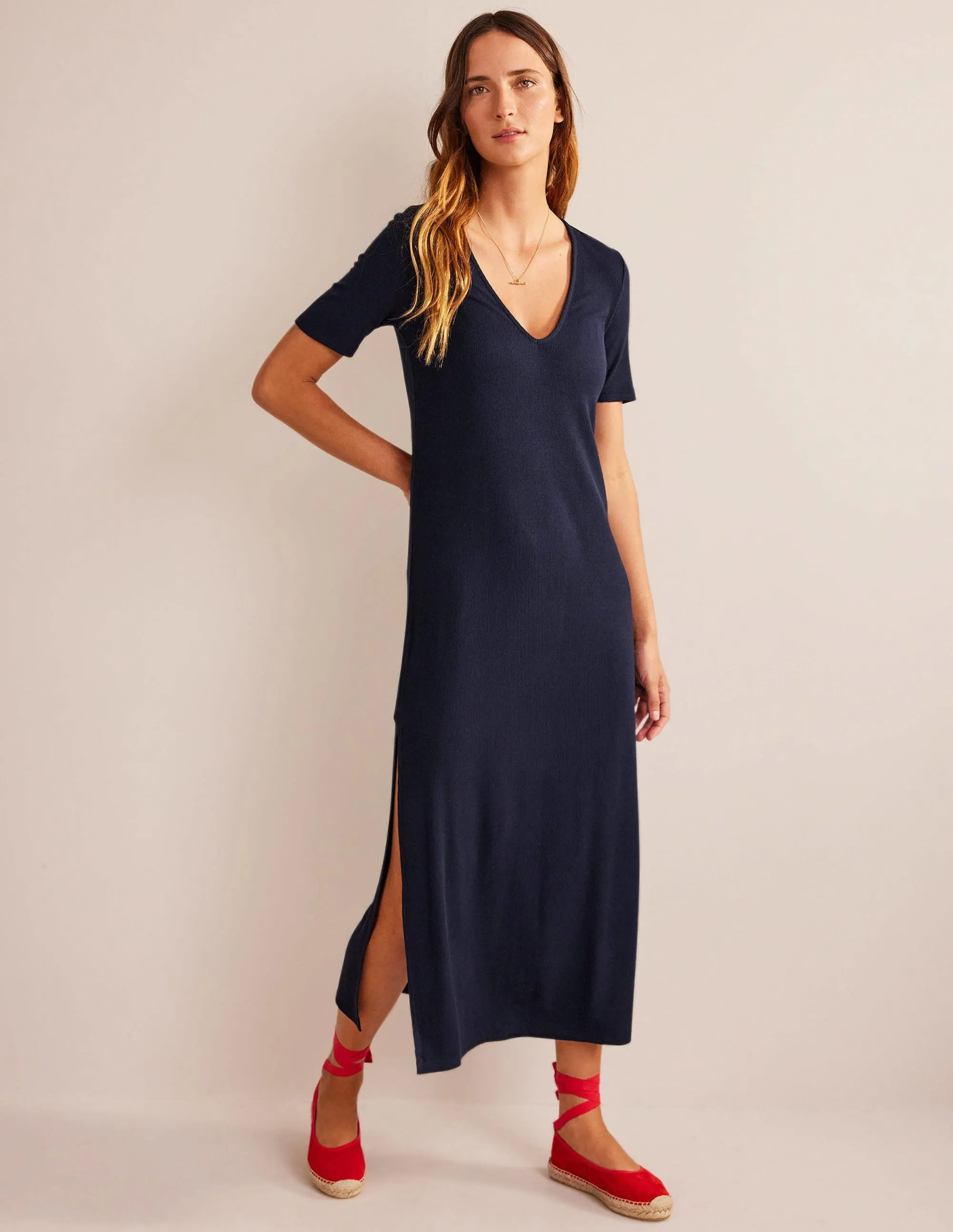 Rib Jersey Midi T-shirt Dress-Navy