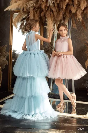 Ruffle High Low Party Dress with Detachable Train