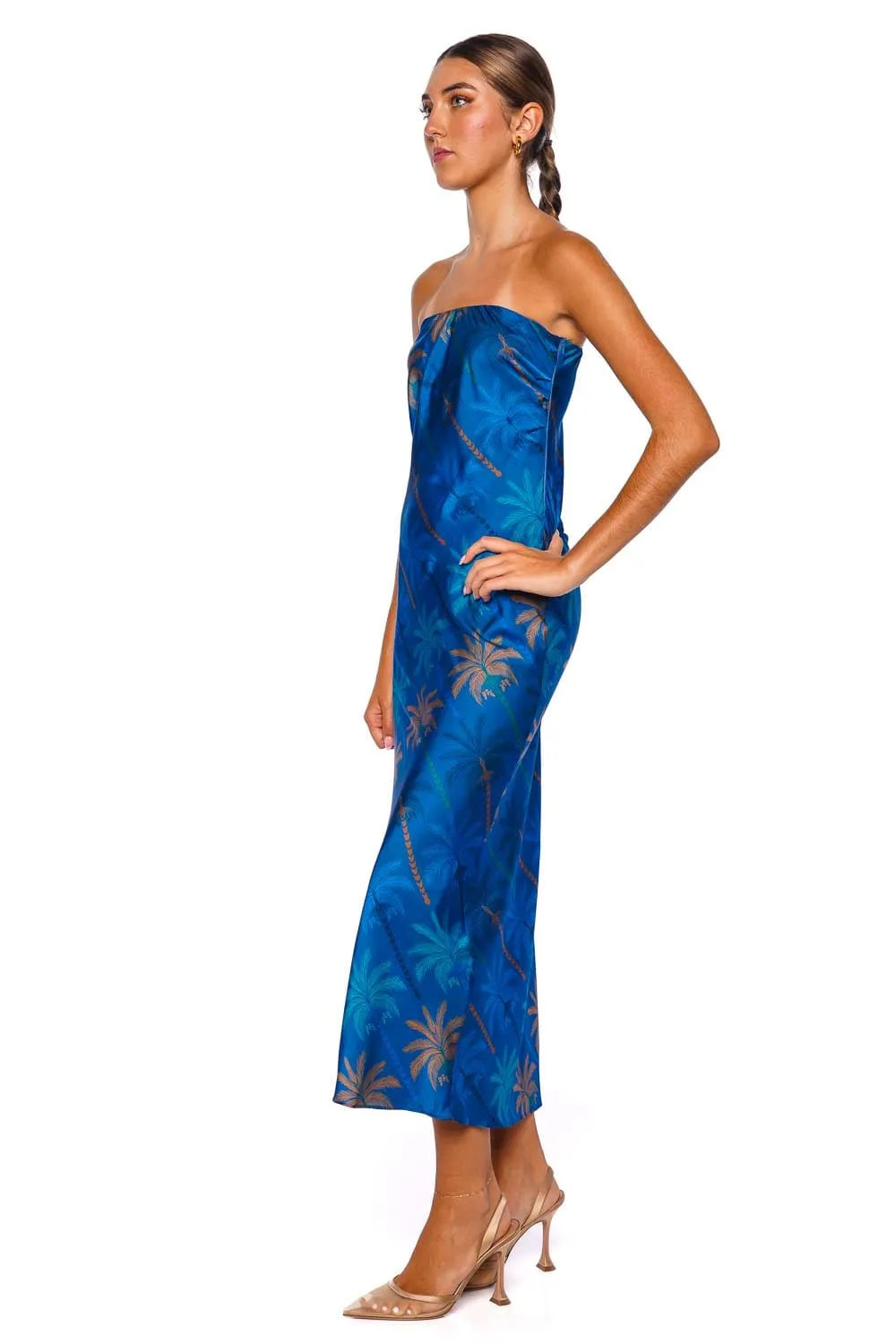 Thara Cobalt Palms Strapless Midi Dresa