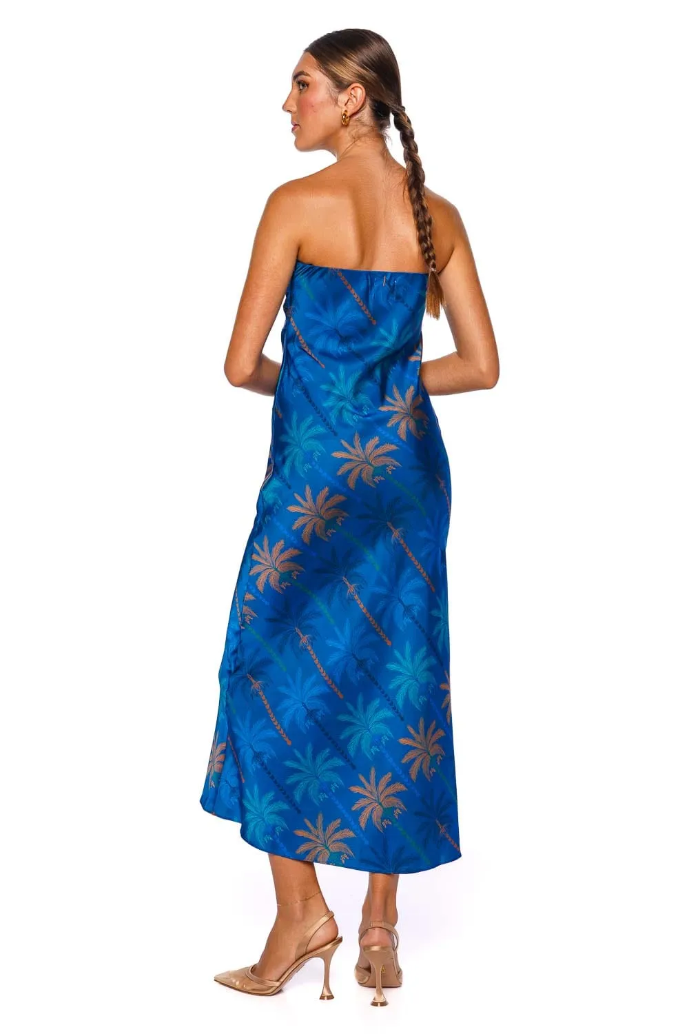 Thara Cobalt Palms Strapless Midi Dresa